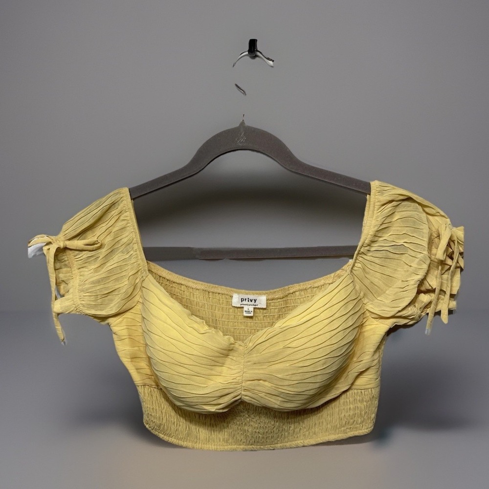 Privy Privately Privileged Yellow Ruched Crop Sweetheart Puff Sleeve Blouse Sz L